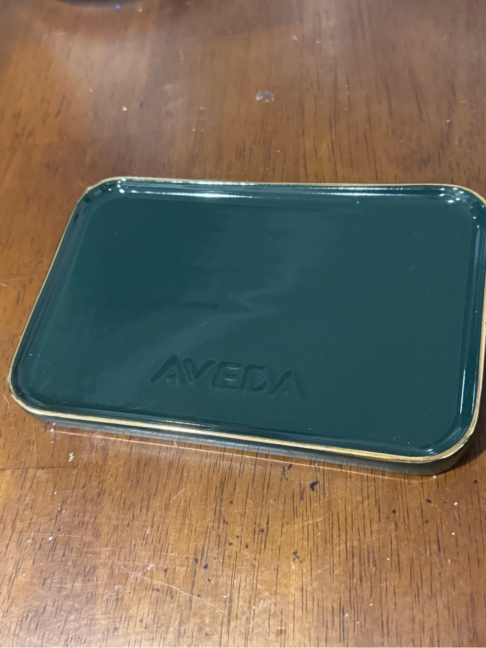 AVEDA bar soap or trinket dish Dark Green Metal Tray with Gold Edge